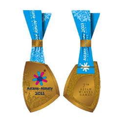 <div>
<p>The medal is made of old bronze color crystal of irregular vertically prolate shape, 95 mm high, 68 mm wide and 5 mm thick. The adverse side of the medal is performed with the elements of the Kazakh national ornament and the logo of the 7th winter Asian Games. The relief of the emblem is covered with epoxide jem enamel. The surface of the crystal is mat. The reverse of the medal bears the inscription &ldquo;7th Asian Winter Games&rdquo;.<br /><br />Short-grain matting is performed on the plain face of the main crystal. The duplicate face is smooth. There is a brace on the reverse side of the medal contains to which the blue watered silk ribbon is. The ribbon bears the white colored logo of the 7th Asian Winter Games 2011.<br />&nbsp;<br />Above the medal the ribbon is fixed by a golden clip 20 mm wide and 12 mm high. The medal and clip are made of 925 sterling silver.</p>
</div>
<div>&nbsp;</div>